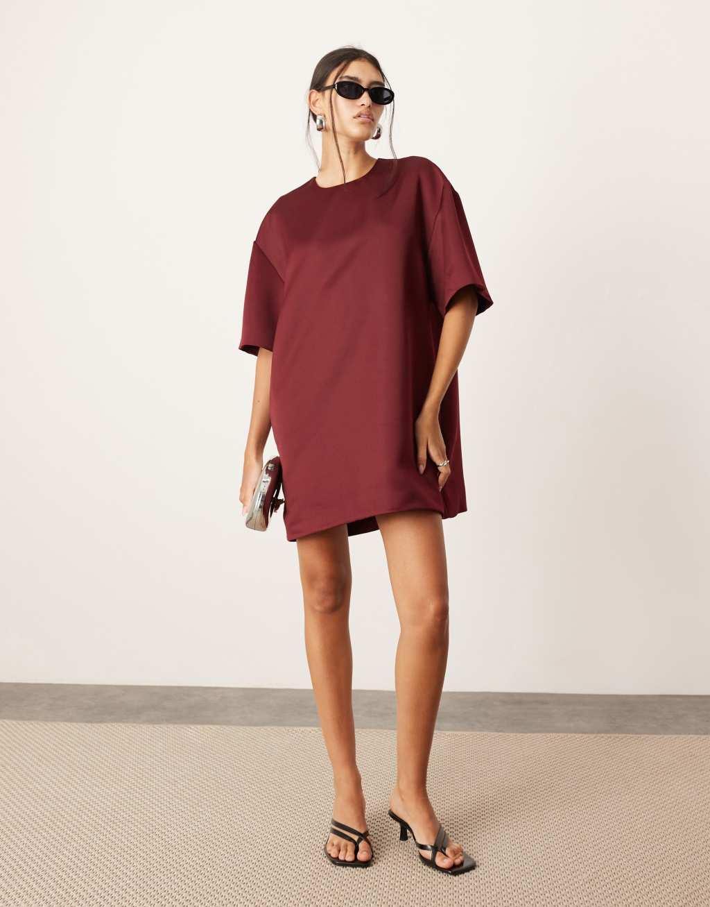 ASOS EDITION satin structured boxy T-shirt mini dress with pockets in burgundy Product Image