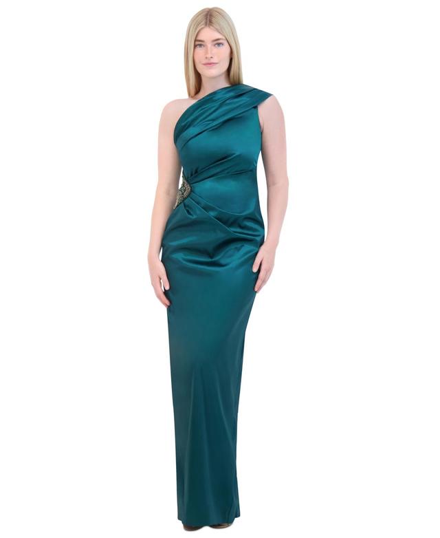 Eliza J Womens Embellished One-Shoulder Satin Gown Product Image