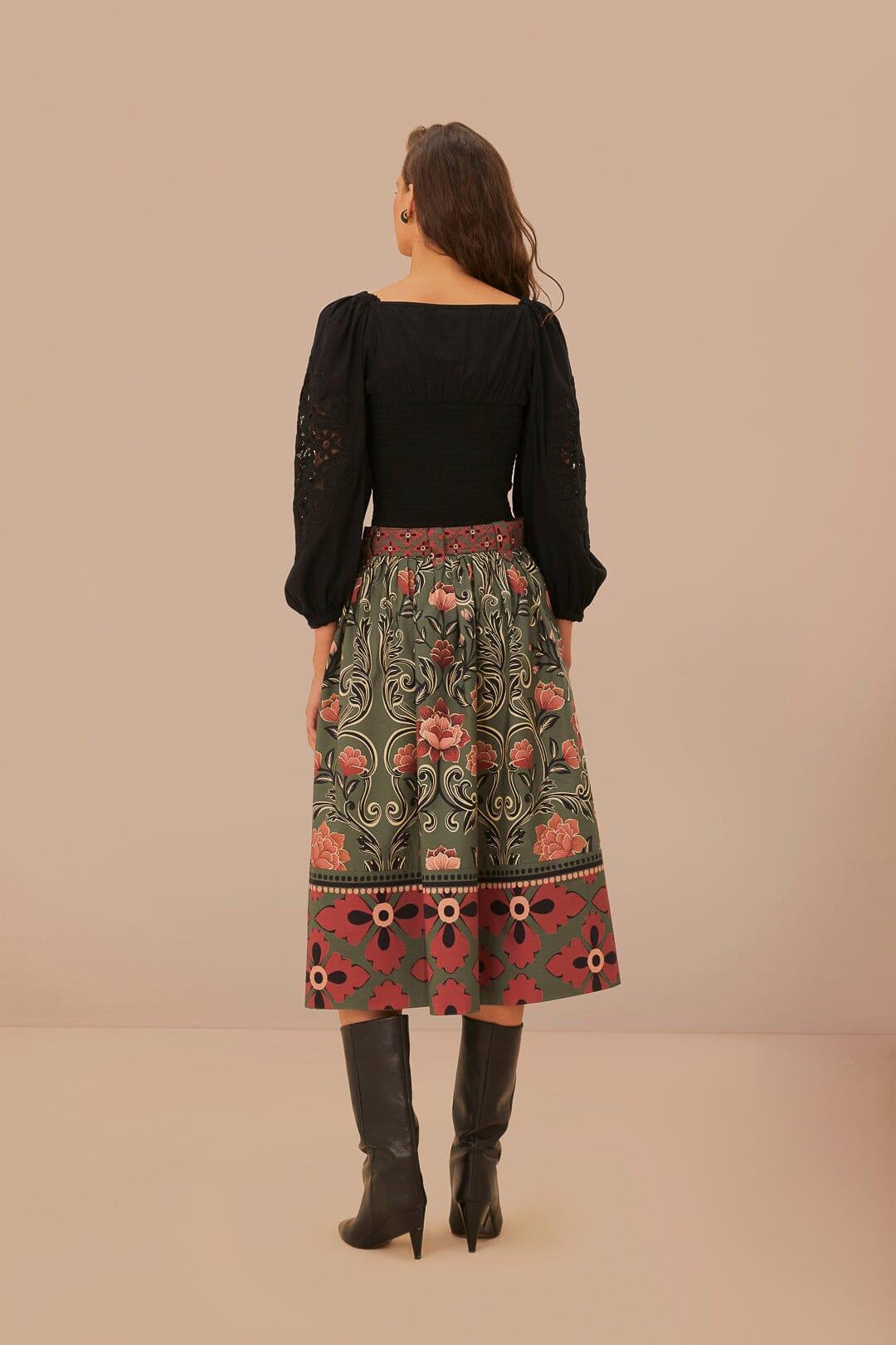 Arabesque Floral Green Buttons Midi Skirt product image