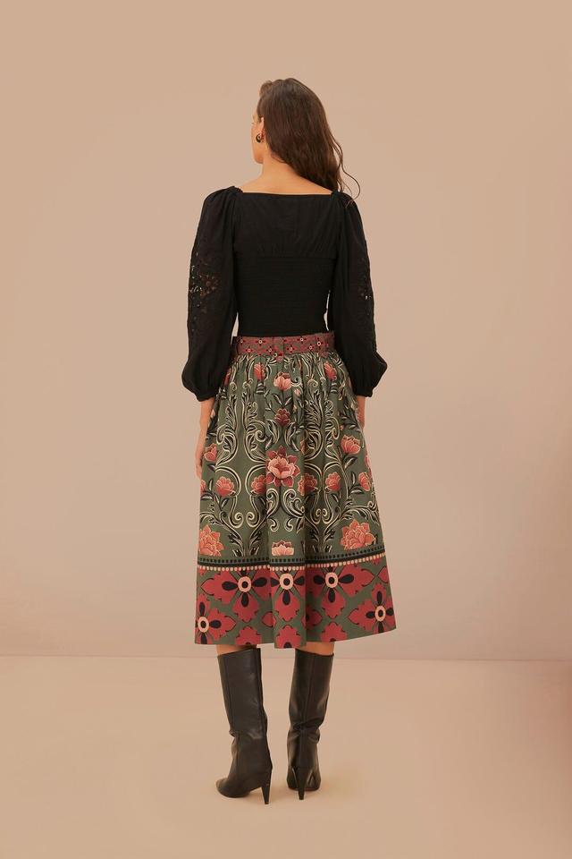 Arabesque Floral Green Buttons Midi Skirt Product Image