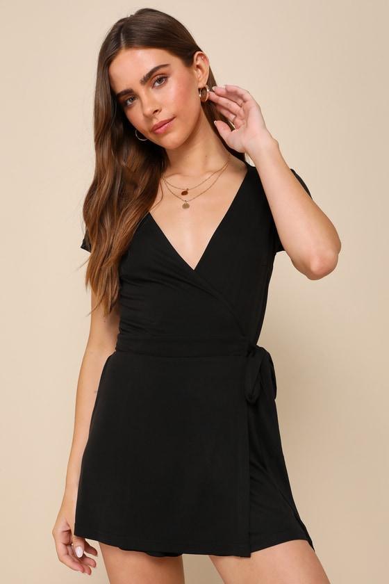 Casual Darling Black Faux Wrap Short Sleeve Skort Romper Product Image