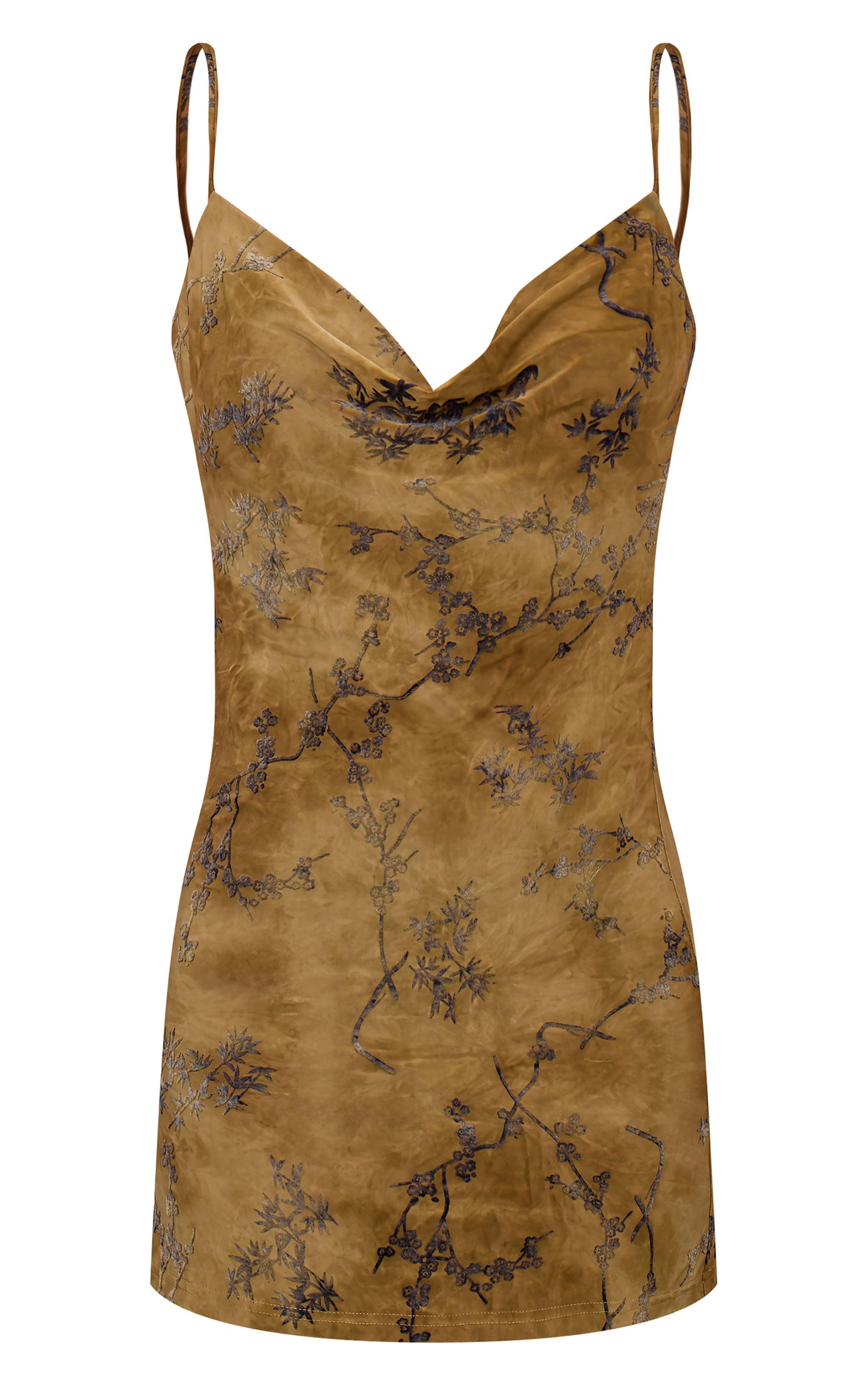 Green Floral Printed Devore Cowl Neck Shift Dress Product Image