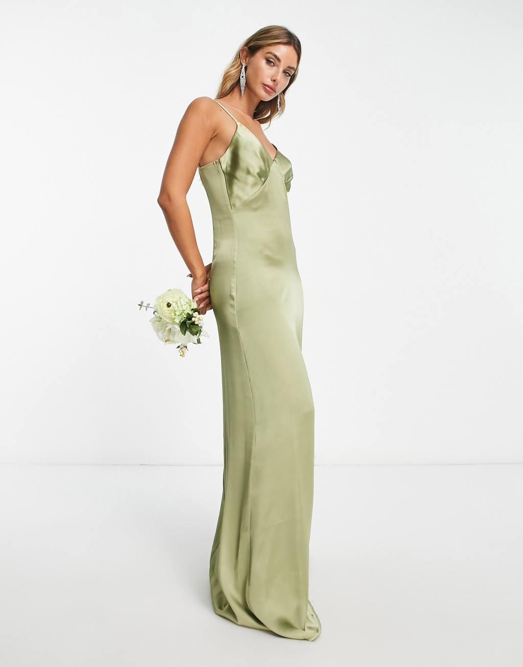 Pretty Lavish Bridesmaid Ines empire satin maxi dress in soft olive Product Image