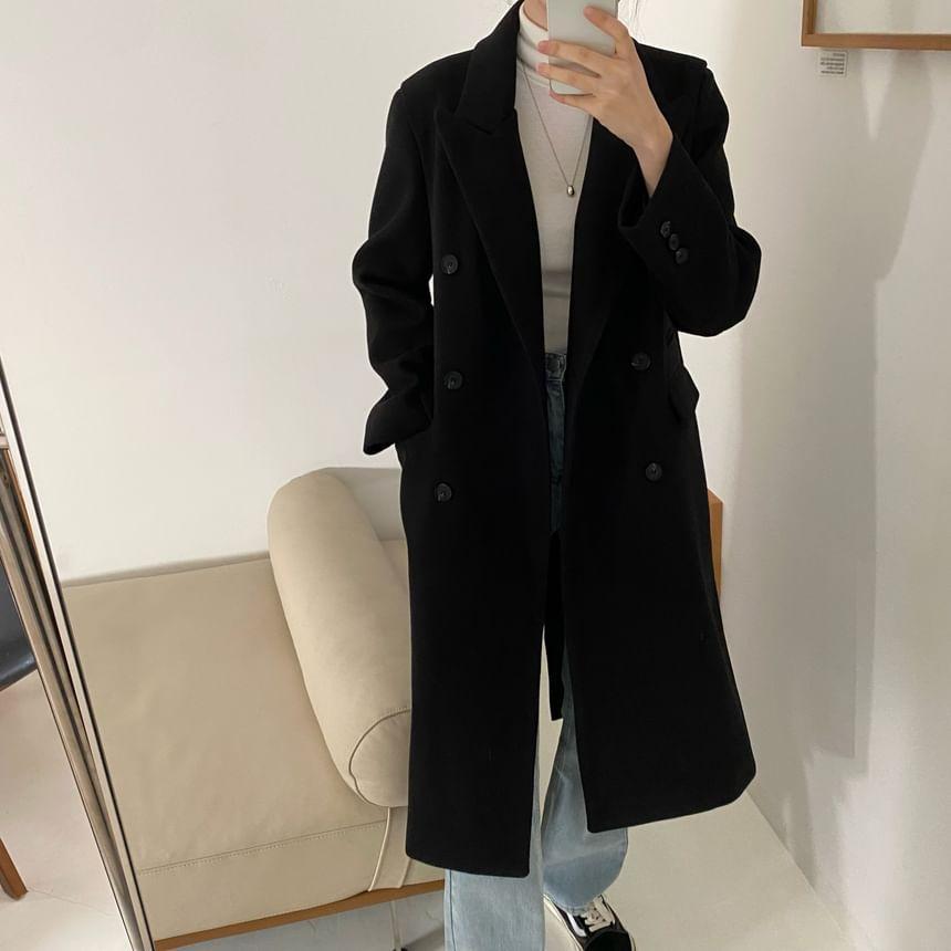 Peak Lapel Plain Midi Double Breasted Coat Product Image