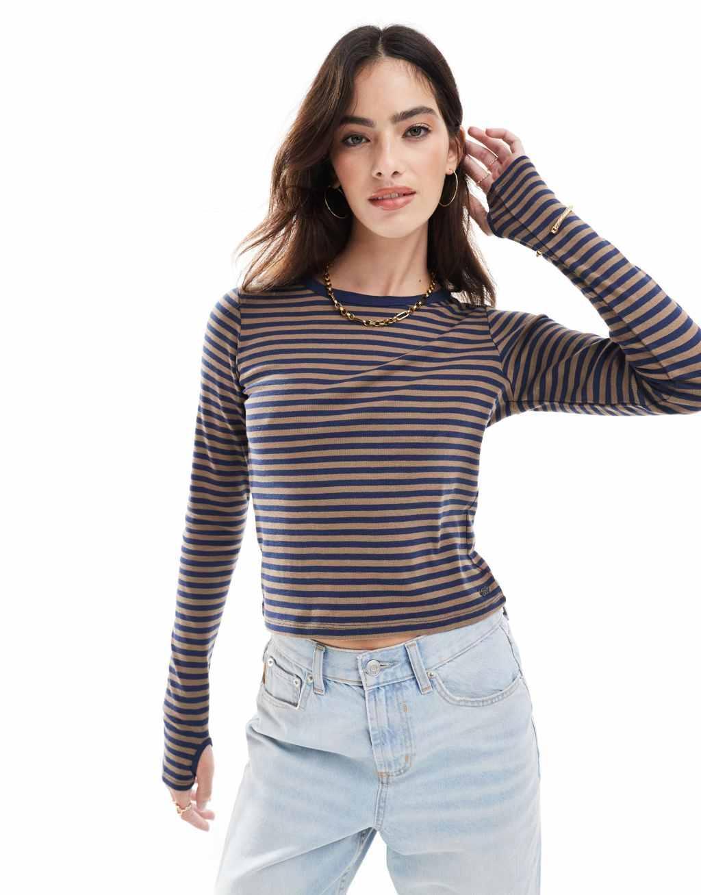 Pull&Bear striped long sleeve top in navy and brown product image