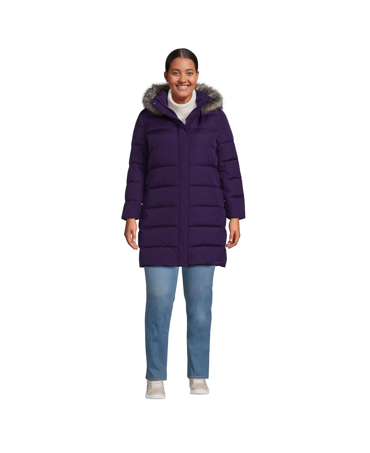 Plus Size Lands End Faux-Fur Hood Long Down Winter Coat, Womens Deep Blue Product Image