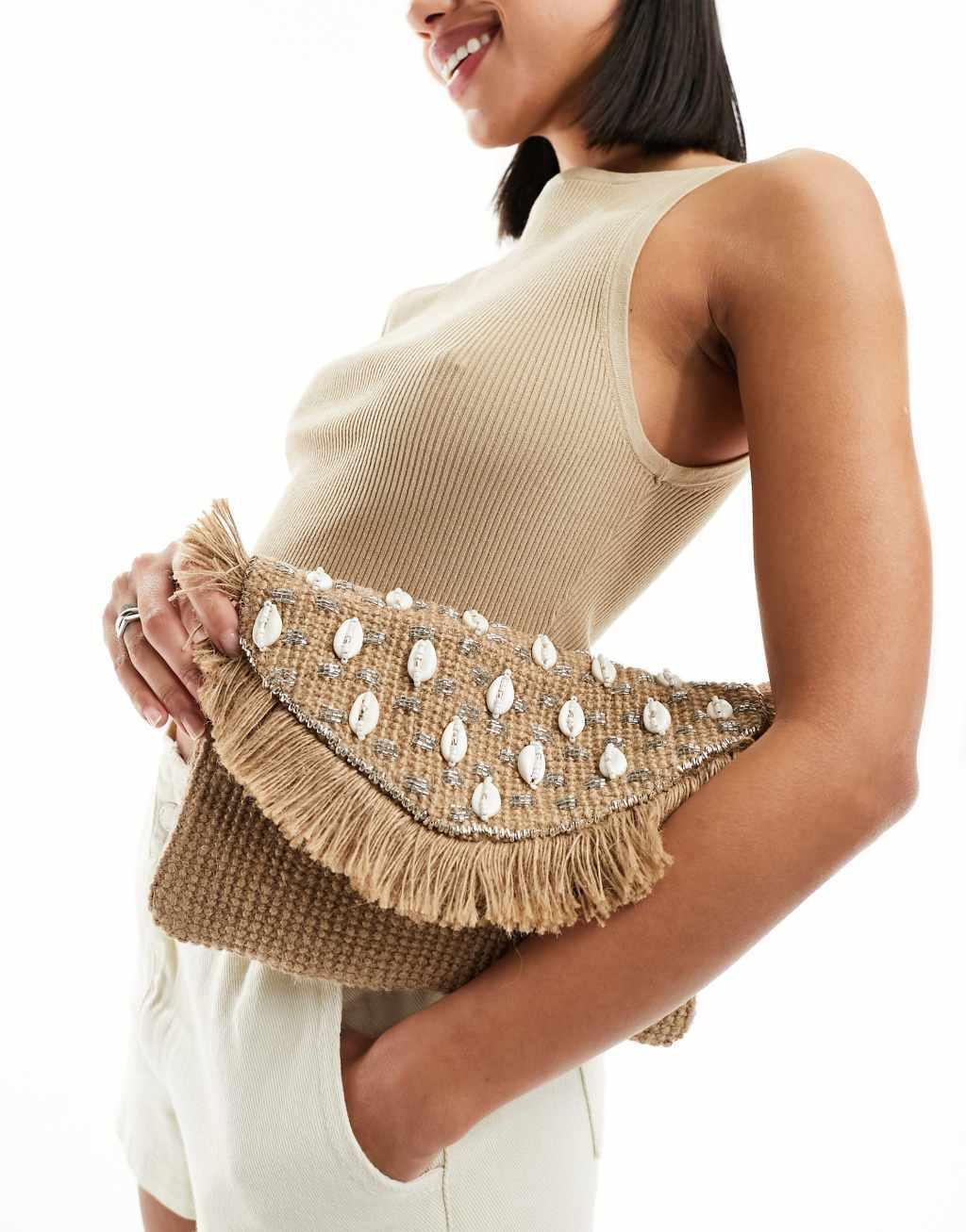 Glamorous embellished shell beachy clutch bag in natural Product Image