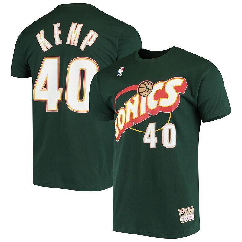 Mens Mitchell & Ness Shawn Kemp Green Seattle SuperSonics Hardwood Classics Stitch Name & Number T-Shirt Product Image