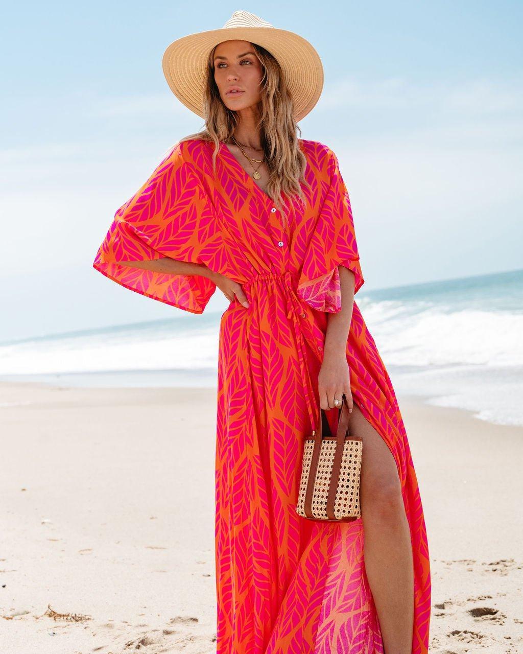 Orange Leaf Print Buttoned Maxi Dress - FINAL SALE Product Image