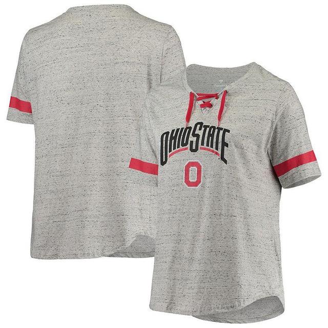 Womens Heathered Gray/Scarlet Ohio State Buckeyes Plus Size Lace-Up V-Neck T-Shirt Product Image