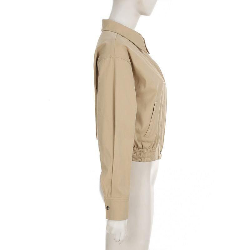 Collared Plain Zip Up Cropped Jacket Product Image