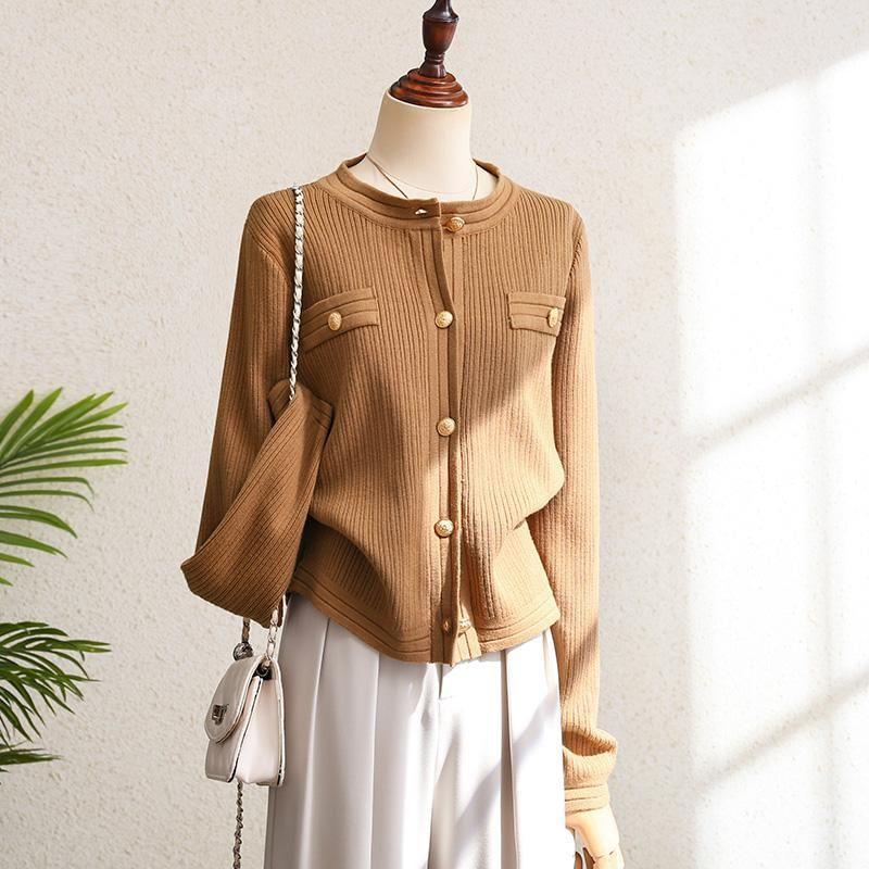 Round Neck Plain Ribbed Cardigan Product Image