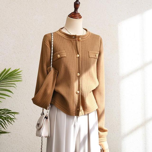 Round Neck Plain Ribbed Cardigan Product Image