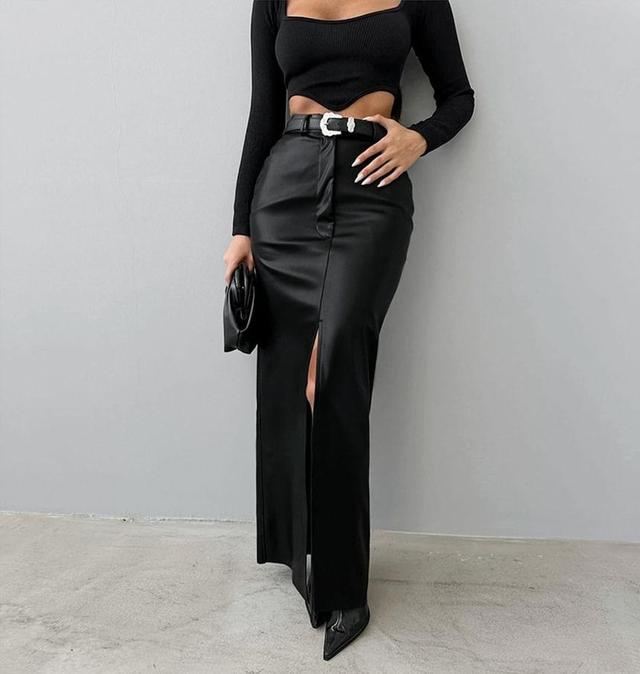 High Waist Plain Slit Faux Leather Maxi Pencil Skirt Product Image