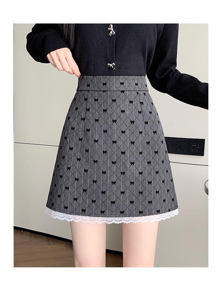 High Rise Bow Print Lace Trim Mini A-Line Skirt Product Image