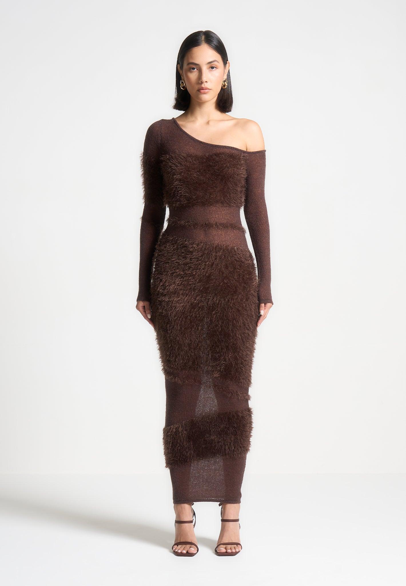 Off Shoulder Knitted Maxi Dress - Brown Female Product Image