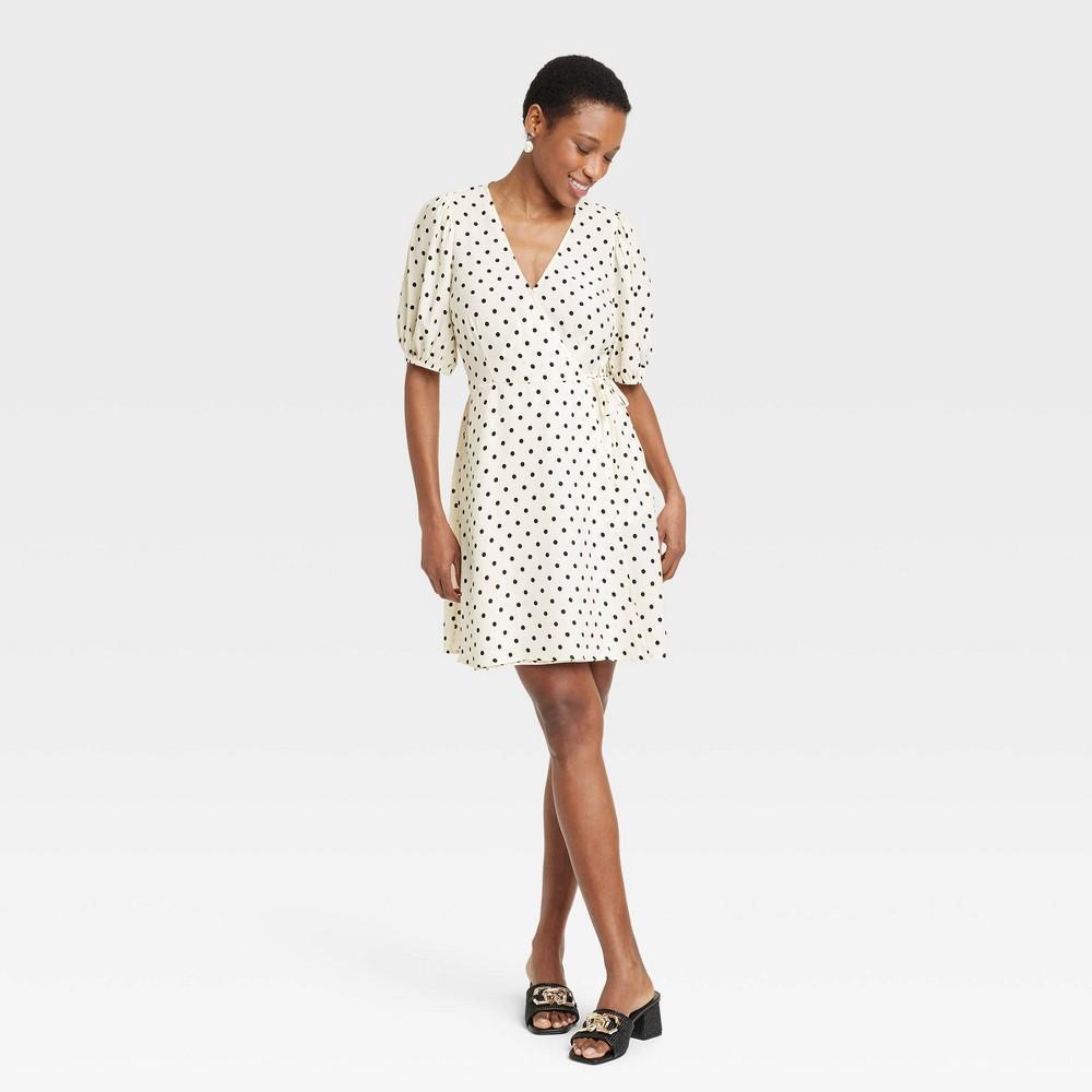 Womens Balloon Short Sleeve Mini Wrap Dress - A New Day Cream/Black Polka Dots Product Image