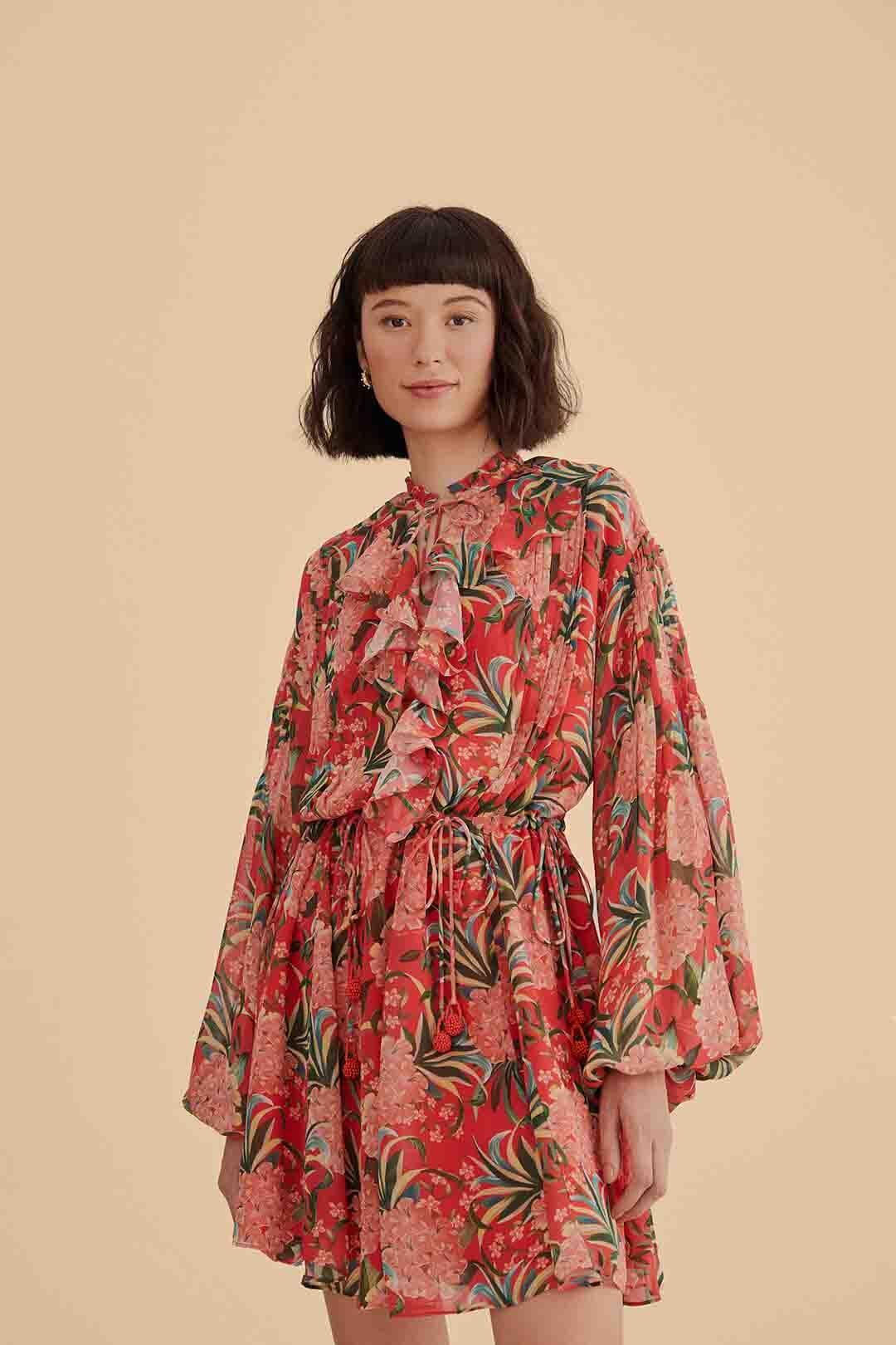 Red Pineapple Bloom V Neck Mini Dress, PINEAPPLE BLOOM RED / XL Product Image