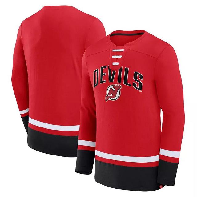 Mens Fanatics Branded Red New Jersey Devils Back Pass Lace-Up Long Sleeve T-Shirt Product Image