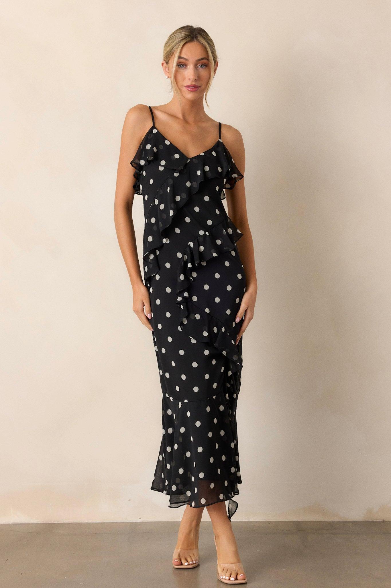 Mystic Moon Black Polka Dot Ruffle Maxi Dress Product Image