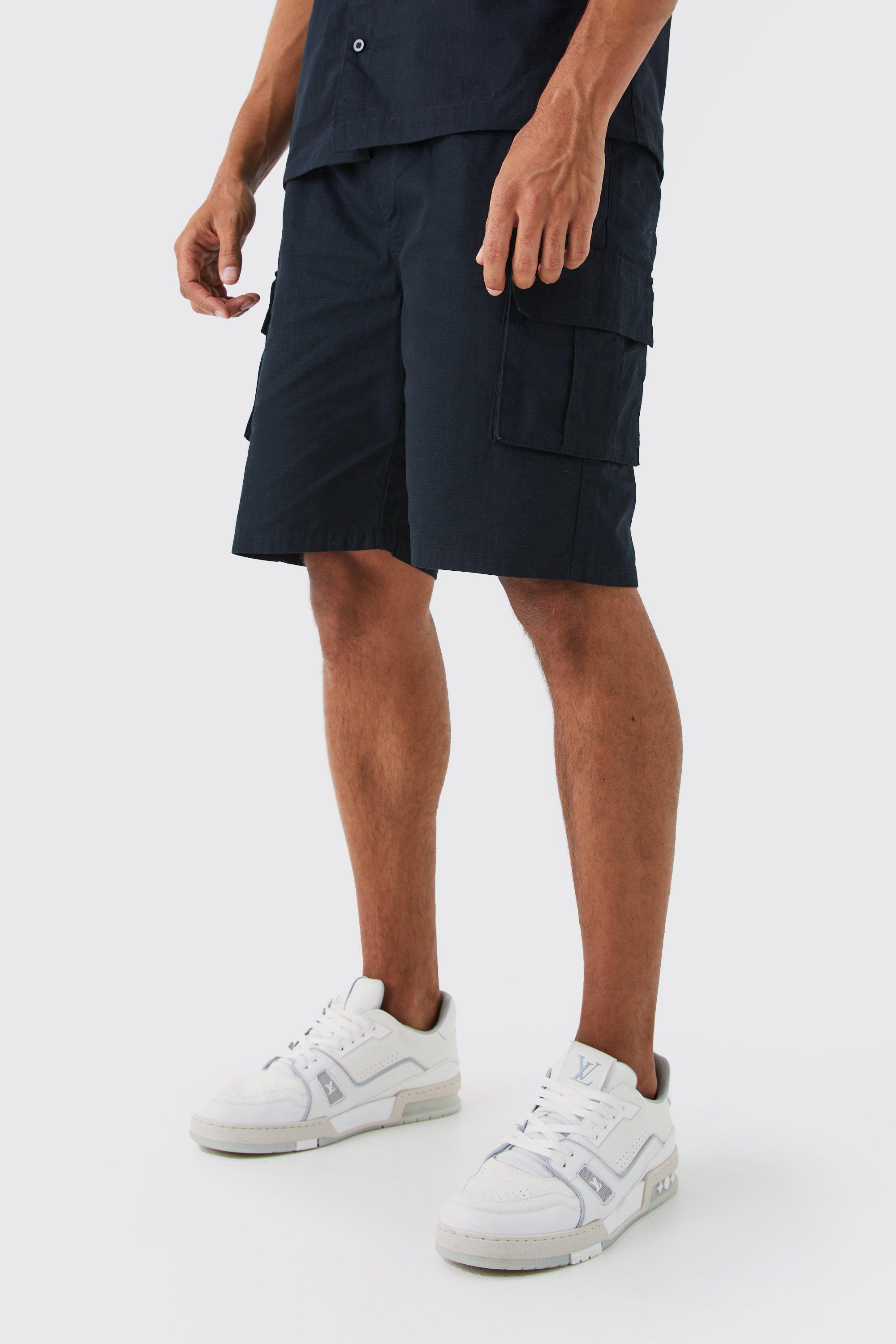 Mens Black Elasticated Waistband Ripstop Relaxed Cargo Short, Black Product Image