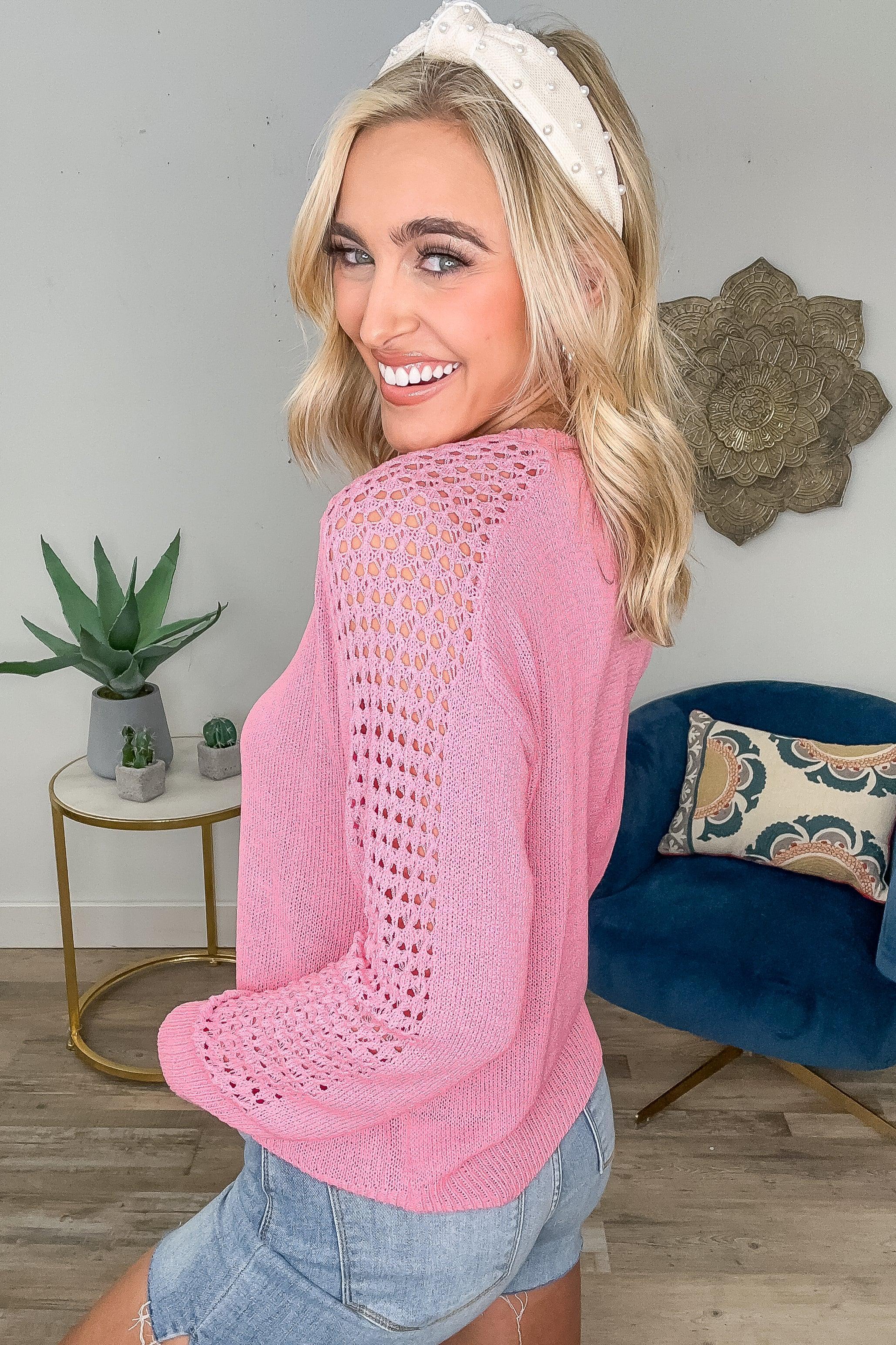 Pink Sweater With Crochet Sleeve Detail Product Image