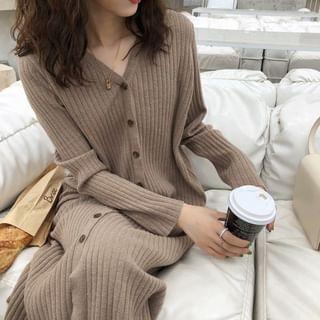 Maternity Long-Sleeve V-Neck Plain Button Ribbed Knit Midi A-Line Dress Product Image