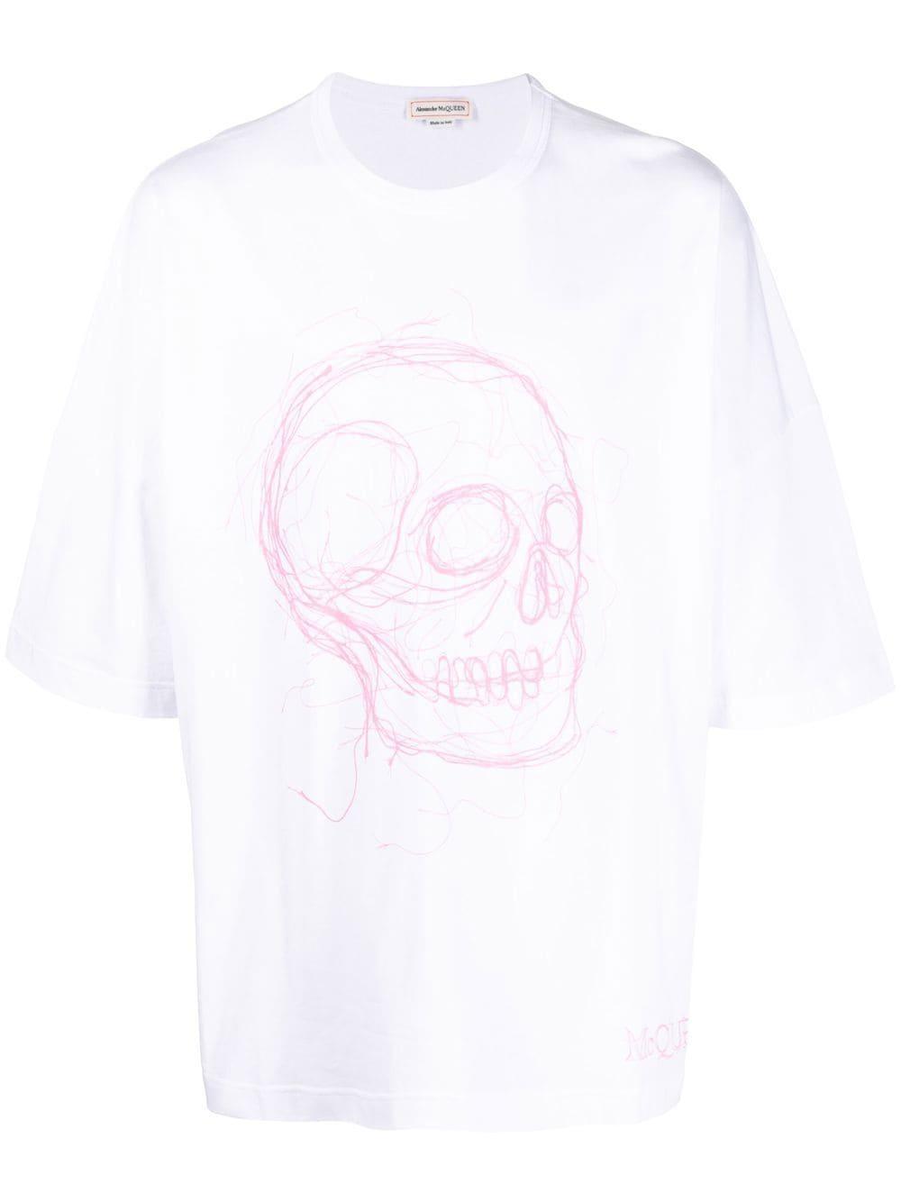 Skull Print Oversized T-shirt In White,pink Product Image