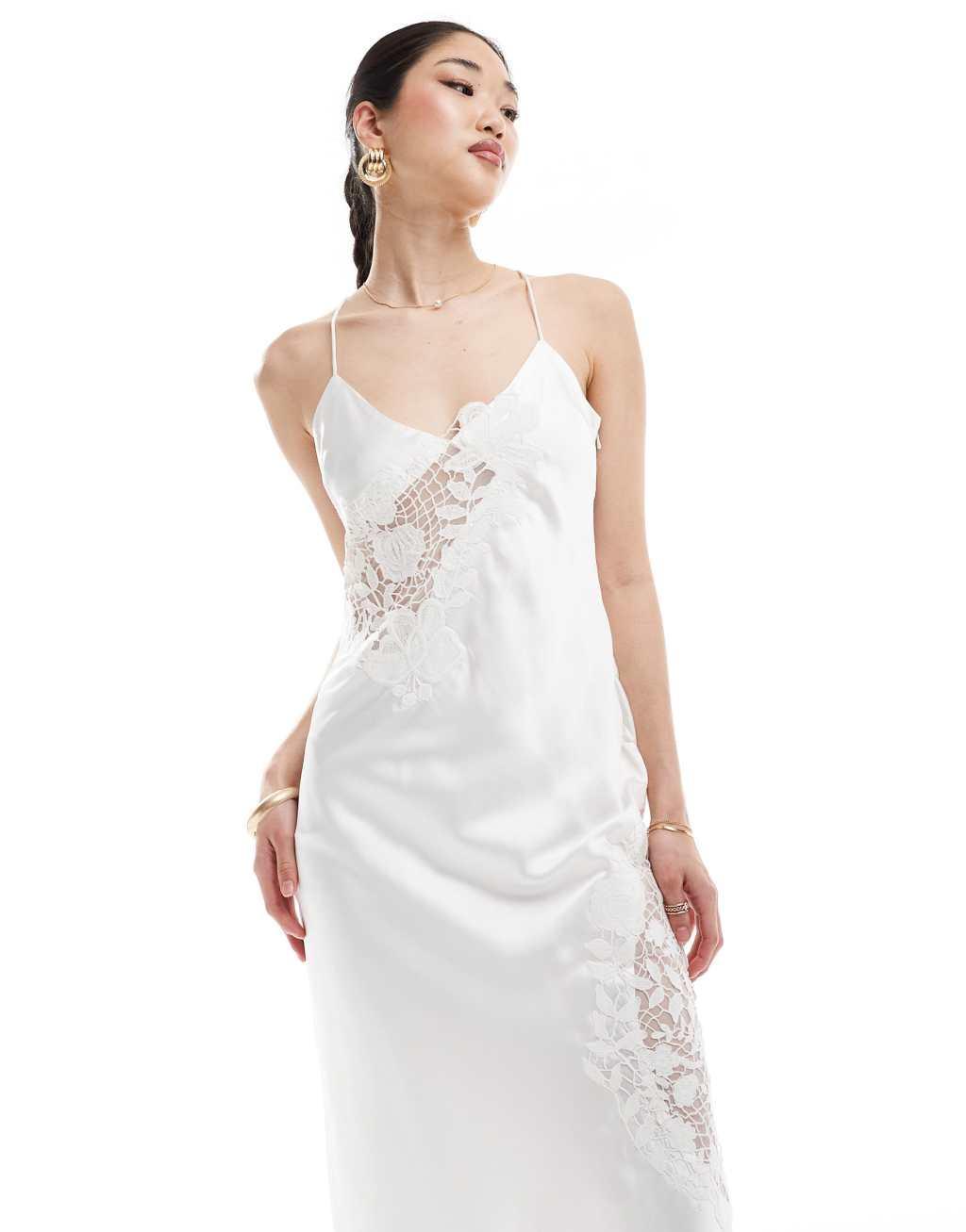 ASOS DESIGN satin lace applique cami strap midi dress in ivory Product Image