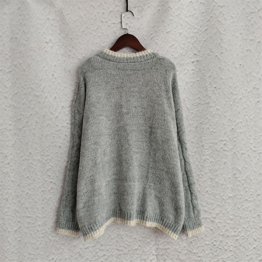 Crew Neck Plain Contrast Trim Cable-Knit Sweater Product Image