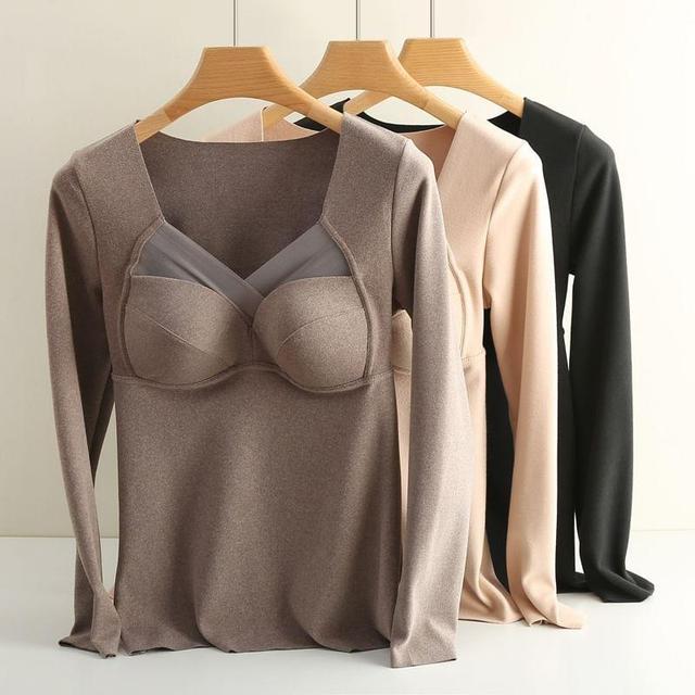 Long-Sleeve V-Neck Plain Padded Top Product Image