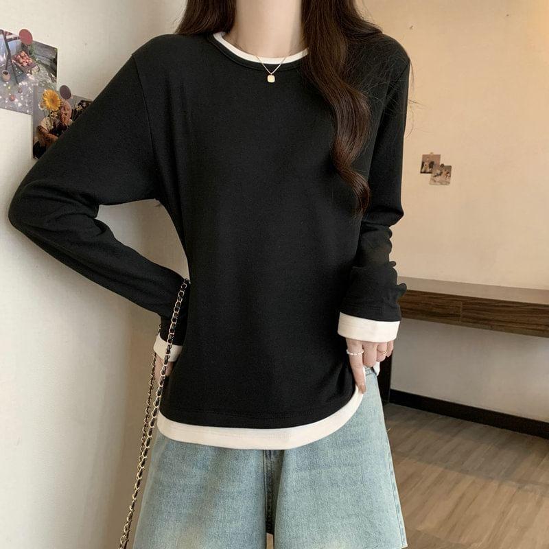 Long Sleeve Round Neck Mock Two Piece Tee Product Image