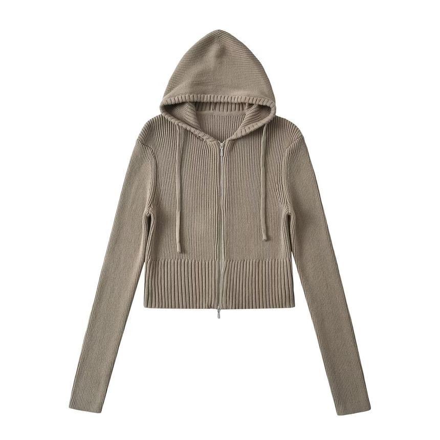 Plain Zip-Up Crop Knit Hoodie Product Image