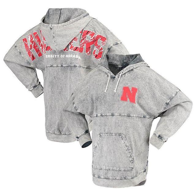 Womens Charcoal Nebraska Huskers Mineral Wash Hoodie Long Sleeve T-Shirt Product Image