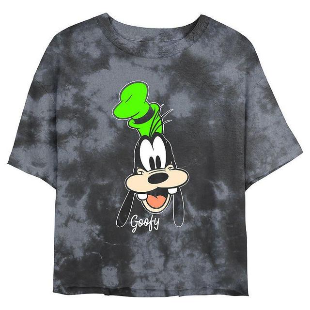 Juniors Disney Goofy Smiling Face Portrait Wash Crop Tee, Girls Black Grey Product Image