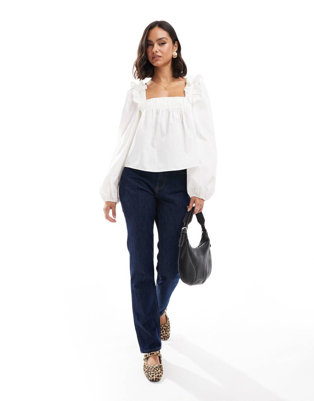 ASOS DESIGN poplin frill shoulder trapeze blouse in white Product Image