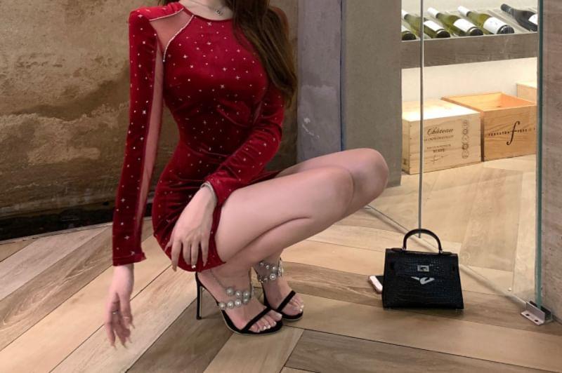 Long-Sleeve Round Neck Velvet Ruched Bodycon Mini Dress product image