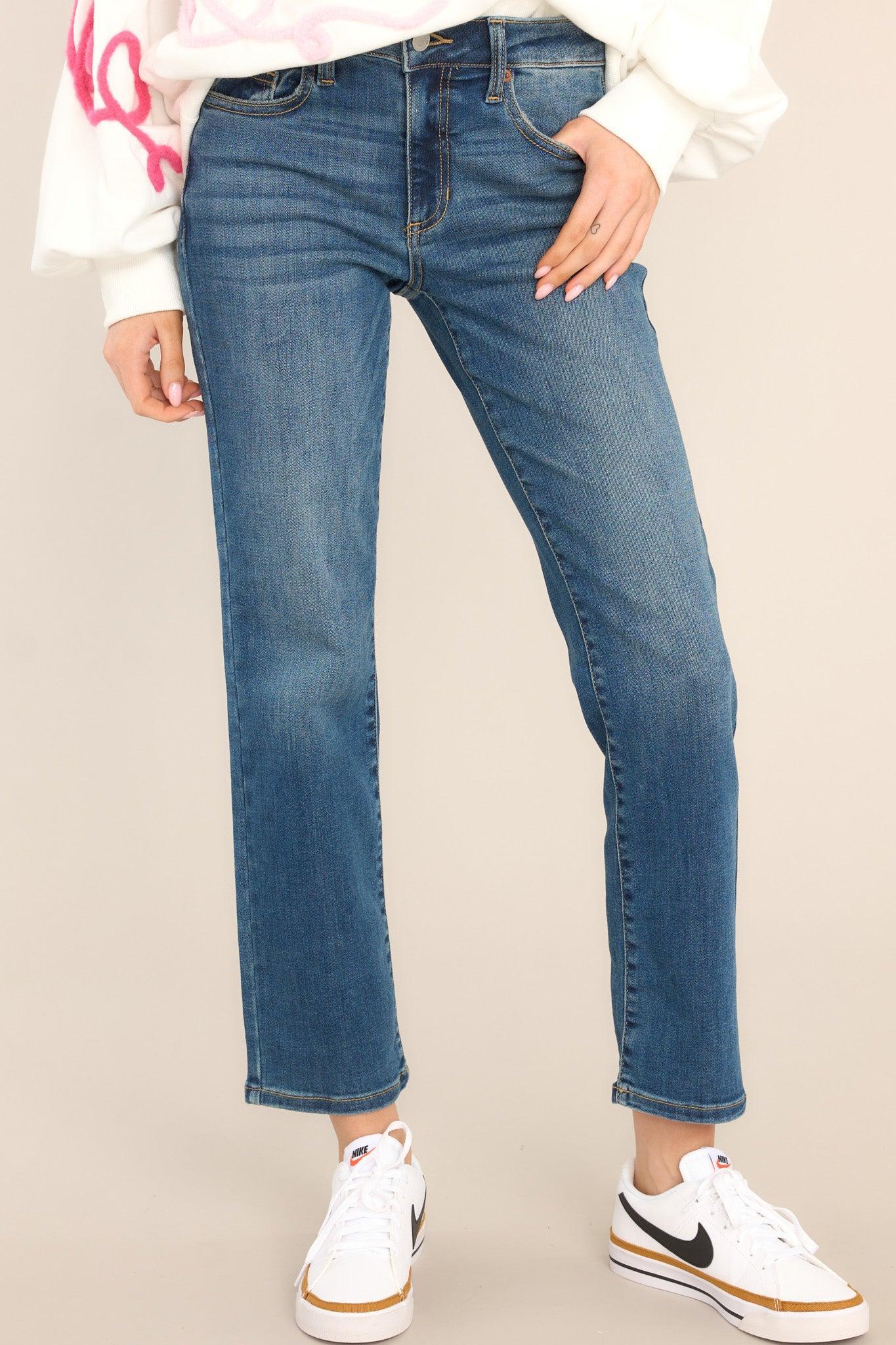 Take You Down Medium Wash Cropped Stretch Jeans Blue Product Image