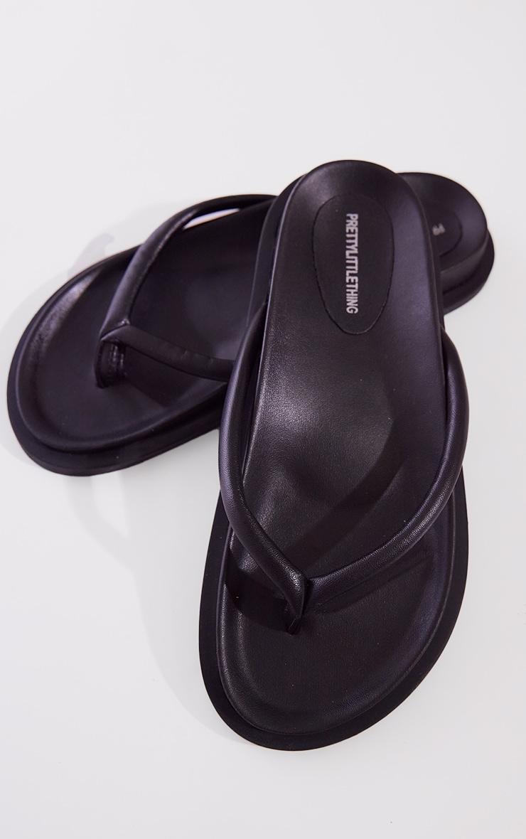 Black Real Leather Round Toe Flat Flip Flop Sandals Product Image