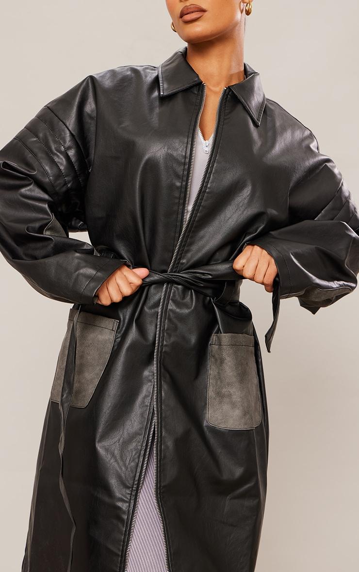 Black Faux Leather Contrast Panel Belted Coat Product Image