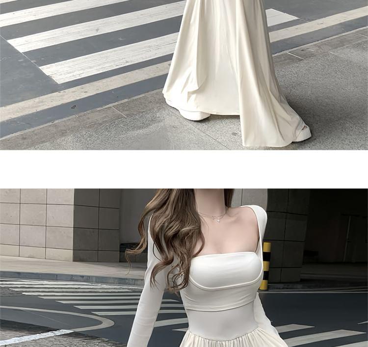 Long Sleeve Square Neck Plain Mock Two Piece Gathered Panel Maxi A-Line Dress Product Image