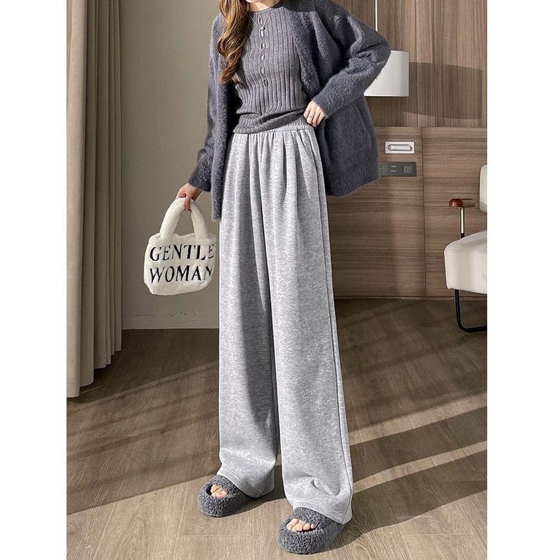 High Rise Plain Wide Leg Sweatpants (Various Designs) Product Image