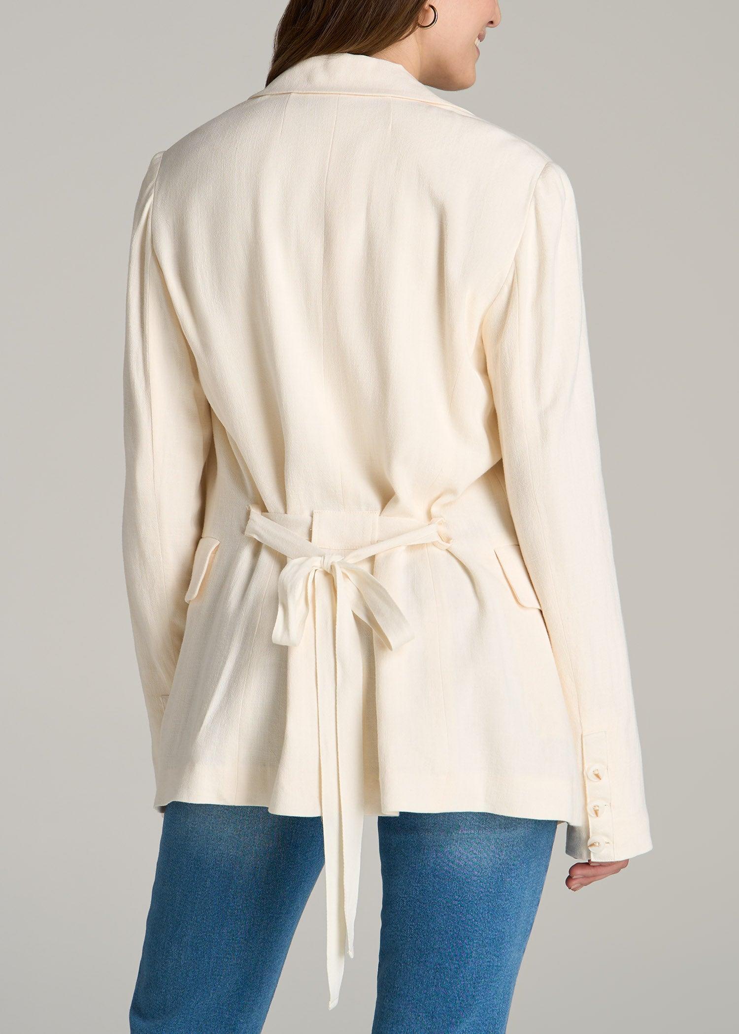 Linen Blend Tie Back Blazer For Tall Women in White Alyssum Female Product Image