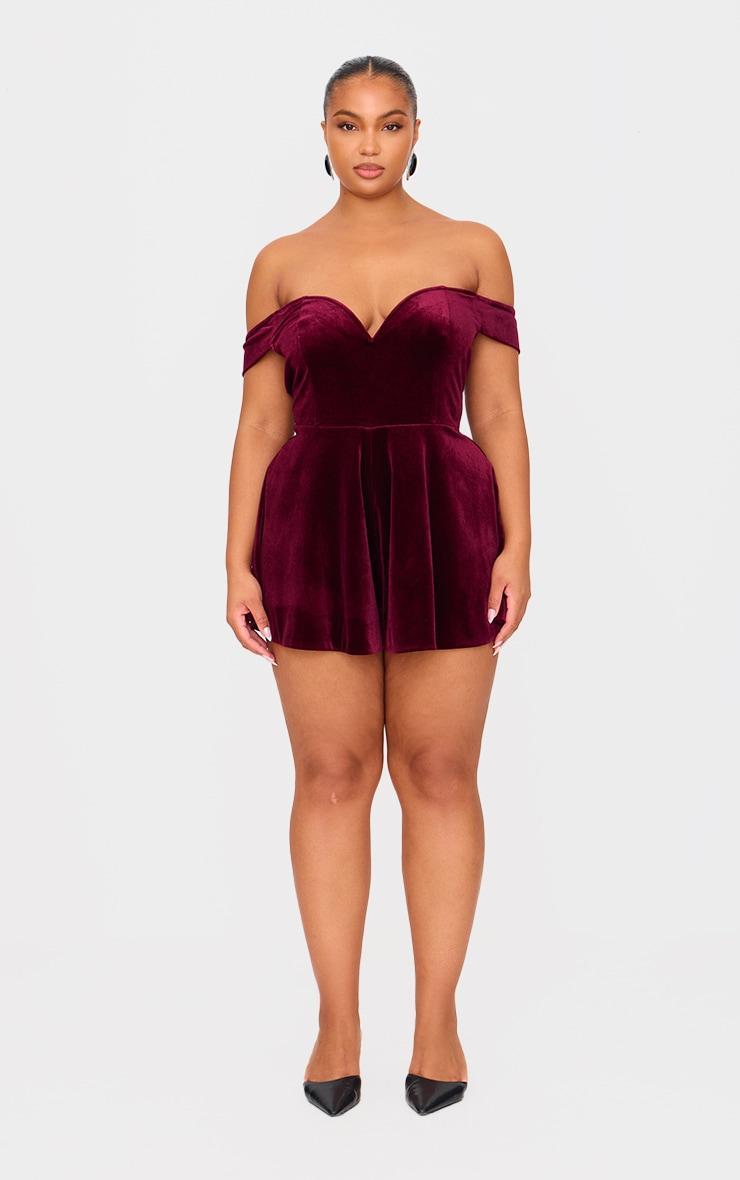 Plus Cherry Red Velvet Bardot Sweetheart Neckline Floaty Romper Product Image