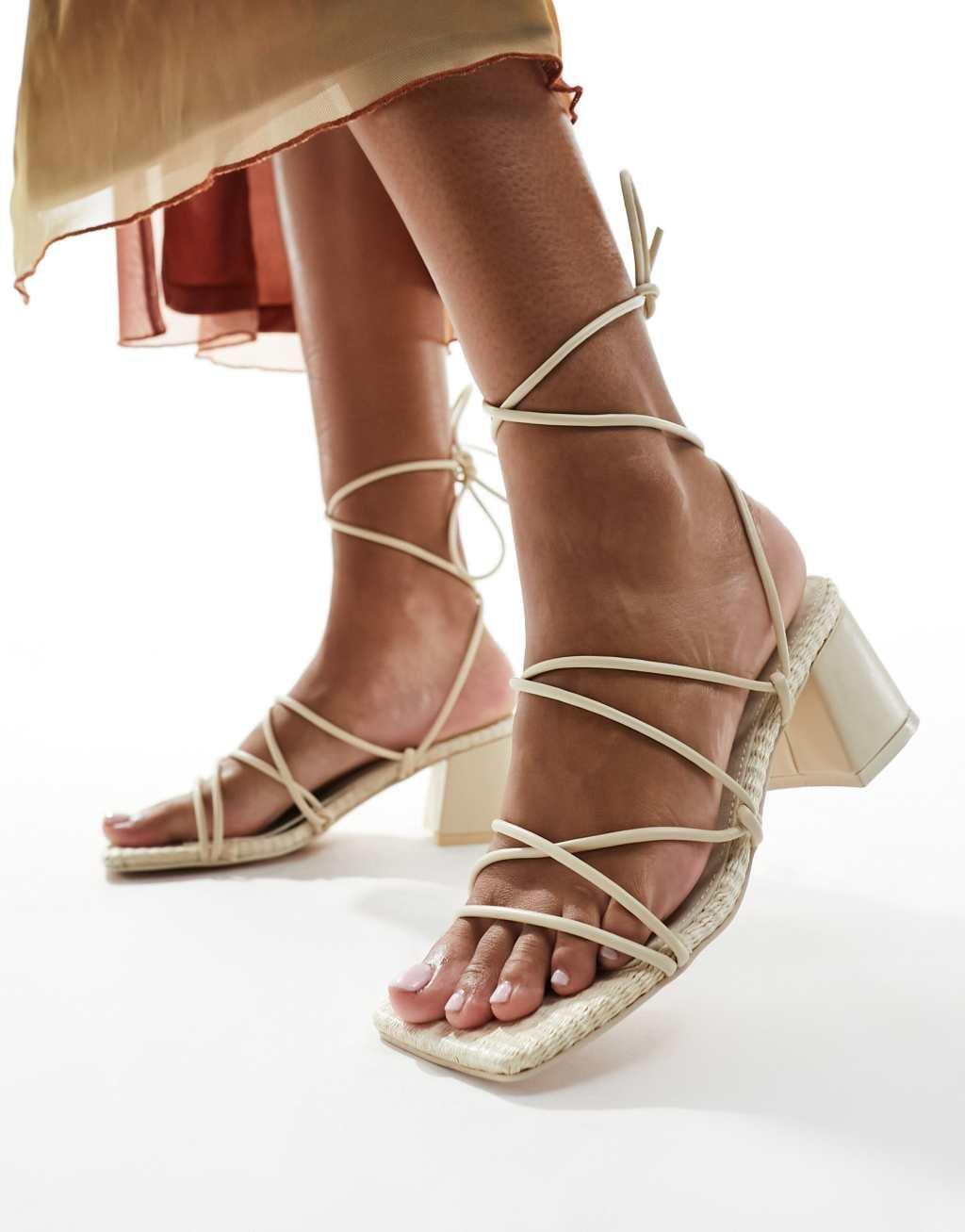 Public Desire Idris mid heeled sandals with ankle ties in cream Product Image