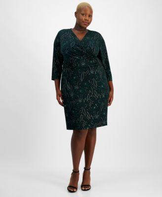 Plus Size Embellished Floral-Print Faux-Wrap Dress Product Image