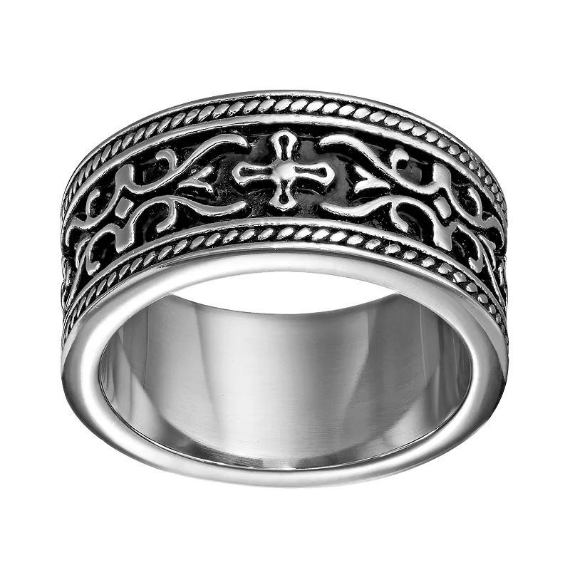 Stainless Steel Cross and Scrollwork Band - Men, Mens Grey Product Image