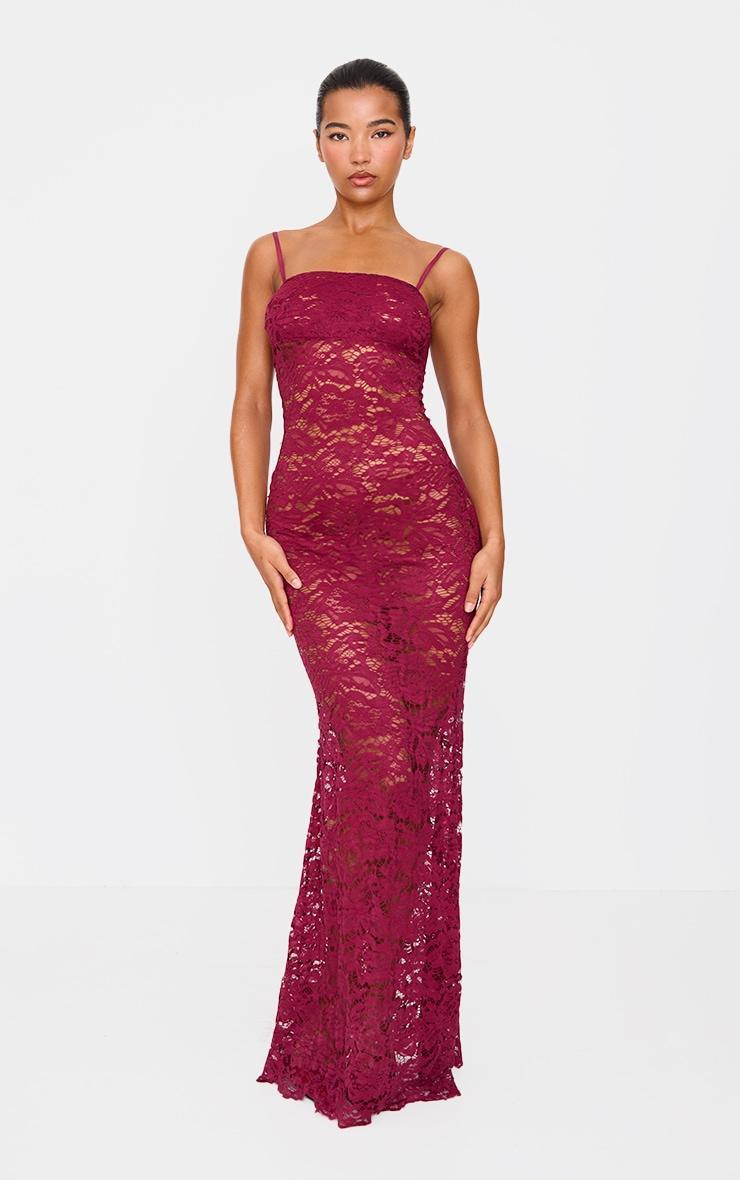 Cherry Red Sheer Lace Maxi Dress Product Image