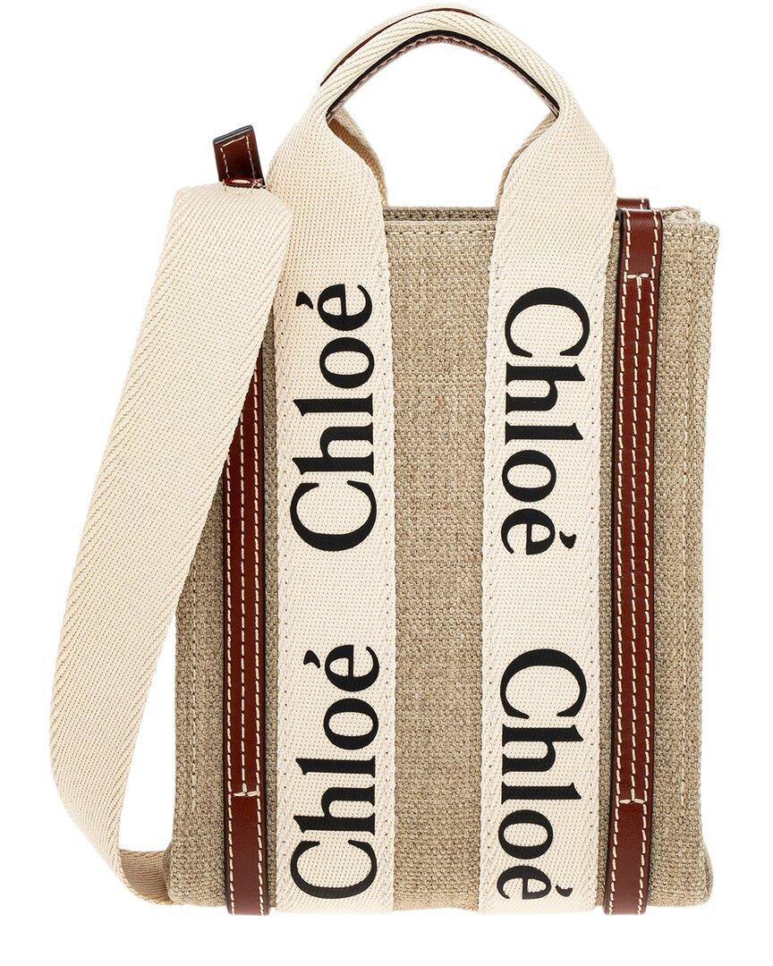 CHLOÉ Woody Mini North South Canvas & Leather Tote In White Product Image