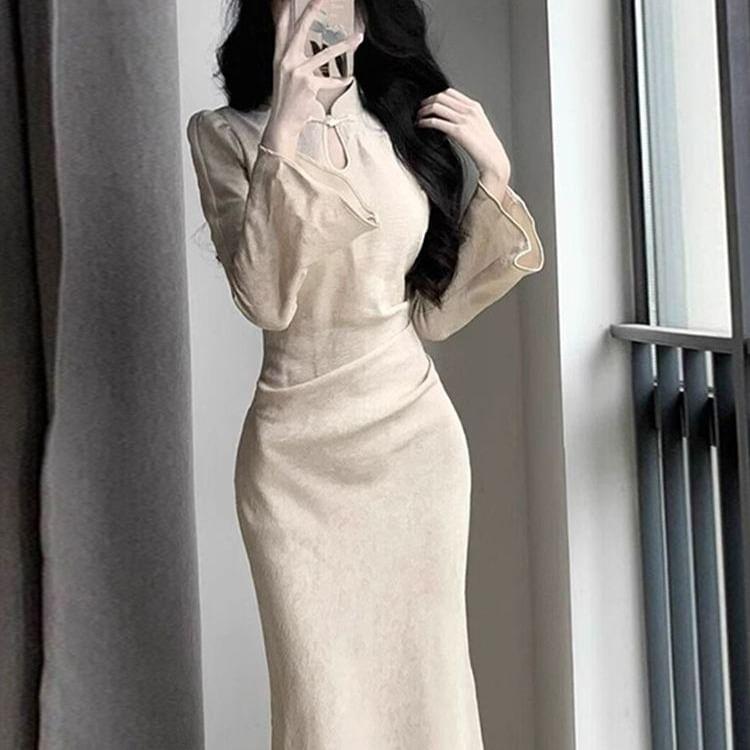 Long Sleeve Mandarin Collar Plain Keyhole Maxi Mermaid Dress Product Image